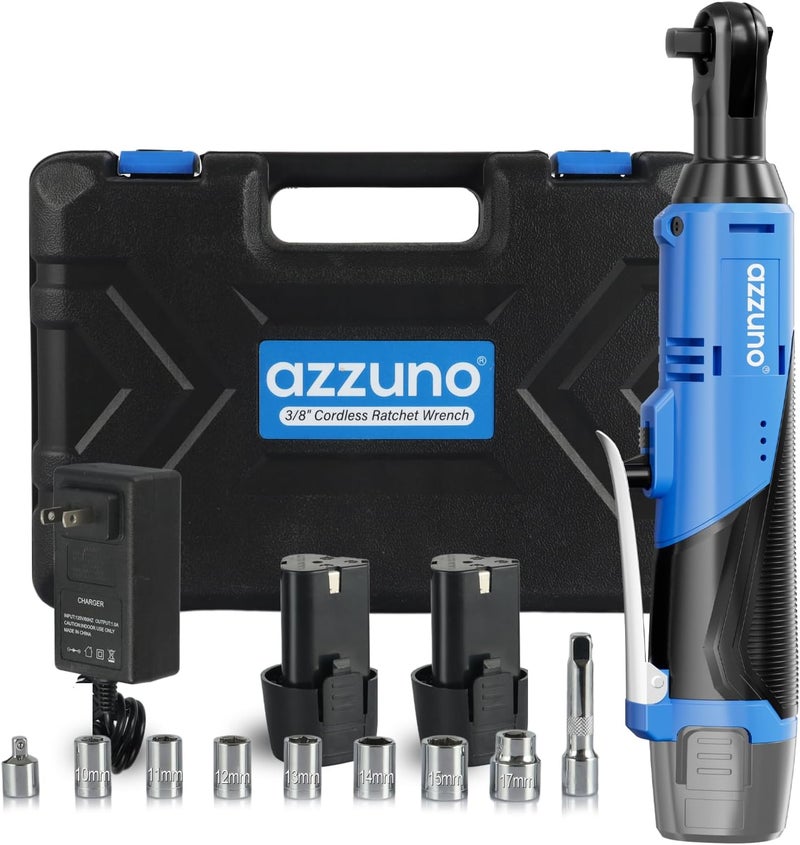 AZZUNO 3/8" Electric Ratchet Wrench Set 30 Ft-lbs Cordless Ratchet Wrench 300 RPM Power Ratchet Tool Kit with 2 x 2000mAh Lithium-Ion Battery, Fast Charger, 7 Sockets and 3" Extension Bar - Image 1